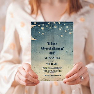 Vintage Celestial Blue Midnight  Stars Wedding Invitation