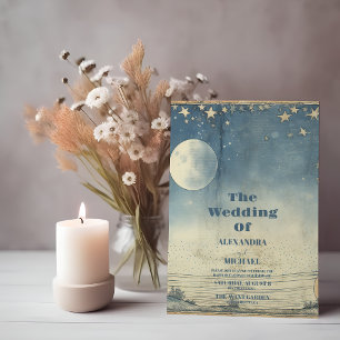 Vintage Celestial Blue Midnight Stars Wedding Invitation