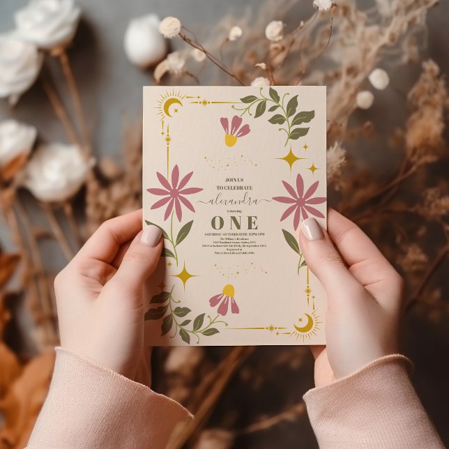 Vintage Celestial Botanical 1st Birthday Invitation (Creator Uploaded)