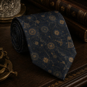 Vintage Celestial Compass Navy Blue Tie