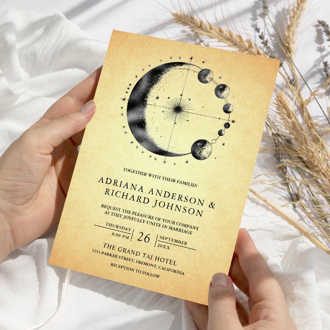 Vintage Celestial Crescent Moon Phases Wedding Invitation (Creator Uploaded)