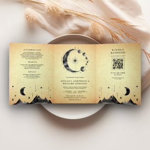 Vintage Celestial Crescent Moon Phases Wedding Tri-Fold Invitation