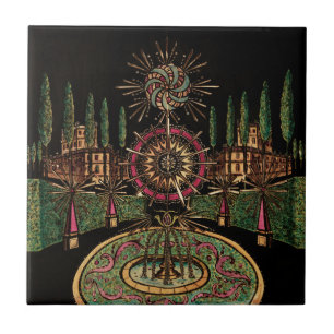 Vintage Celestial Fireworks Garden Night Landscape Tile
