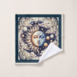 Vintage Celestial Half Sun & Moon Blue Yellow Bath Towel Set