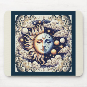 Vintage Celestial Half Sun & Moon Blue Yellow Mouse Mat
