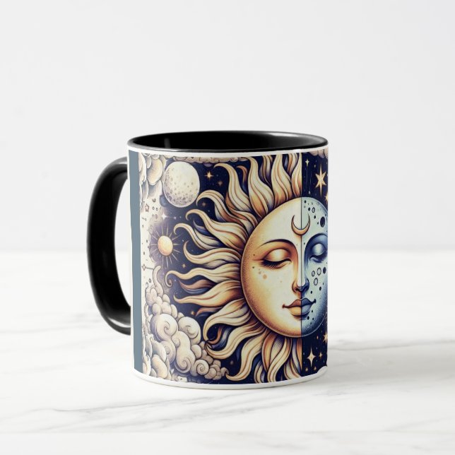 Vintage Celestial Half Sun & Moon Blue Yellow Mug (Front Left)