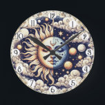 Vintage Celestial Half Sun & Moon Blue Yellow Round Clock<br><div class="desc">Customise with any text.</div>