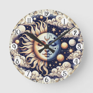 Vintage Celestial Half Sun & Moon Blue Yellow Round Clock