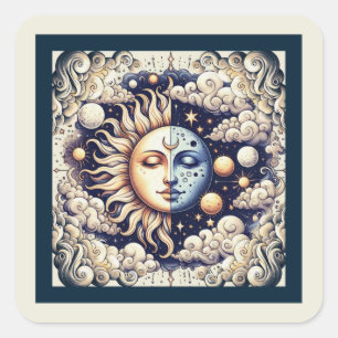 Vintage Celestial Half Sun & Moon Blue Yellow Square Sticker