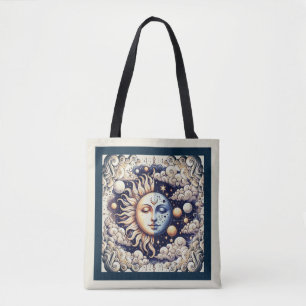 Vintage Celestial Half Sun & Moon Blue Yellow Tote Bag