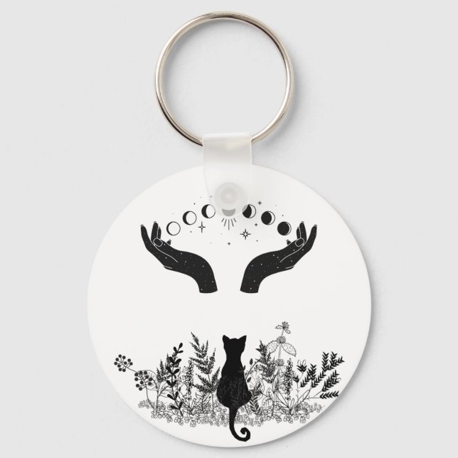 Vintage Celestial Moon Phases Cat Key Ring (Front)