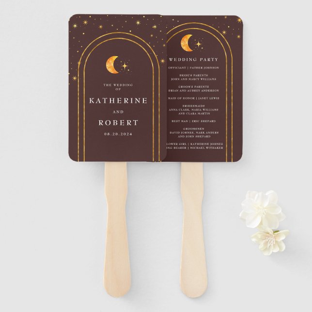 Vintage Celestial Moon Stars Wedding Program Hand Fan (Front and Back)