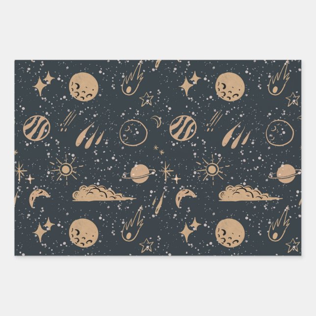 Vintage Celestial Space Pattern Wrapping Paper Sheet (Front)