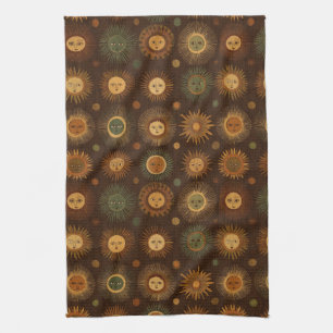 Vintage Celestial Sun Face Pattern Tea Towel