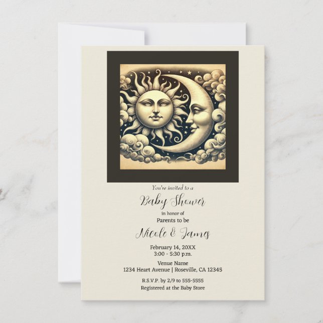 Vintage Celestial Sun & Moon Baby Shower  Invitation (Front)