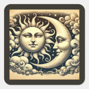Vintage Celestial Sun & Moon Square Sticker