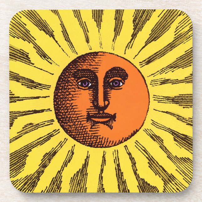 Vintage Celestial Yellow Smiling Happy Hippie Sun Coaster (Front)