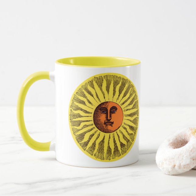 Vintage Celestial Yellow Smiling Happy Hippie Sun Mug (With Donut)
