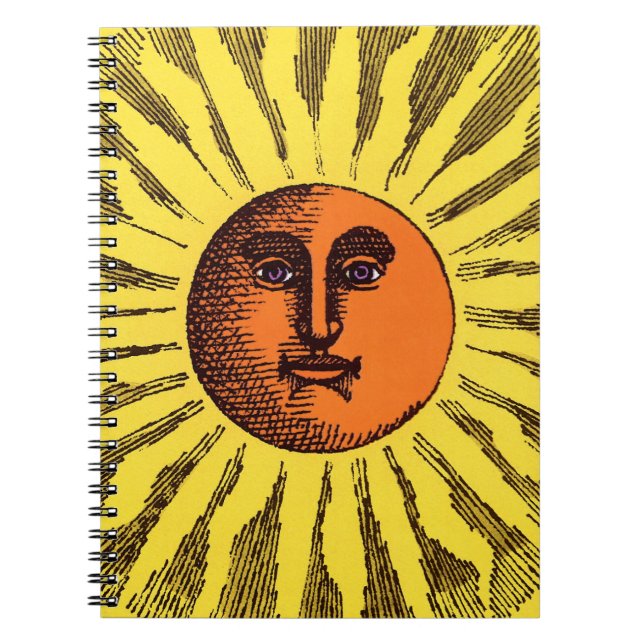 Vintage Celestial Yellow Smiling Happy Hippie Sun Notebook (Front)