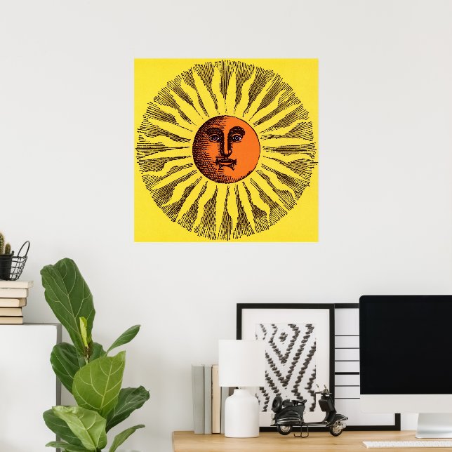 Vintage Celestial Yellow Smiling Happy Hippie Sun Poster (Home Office)