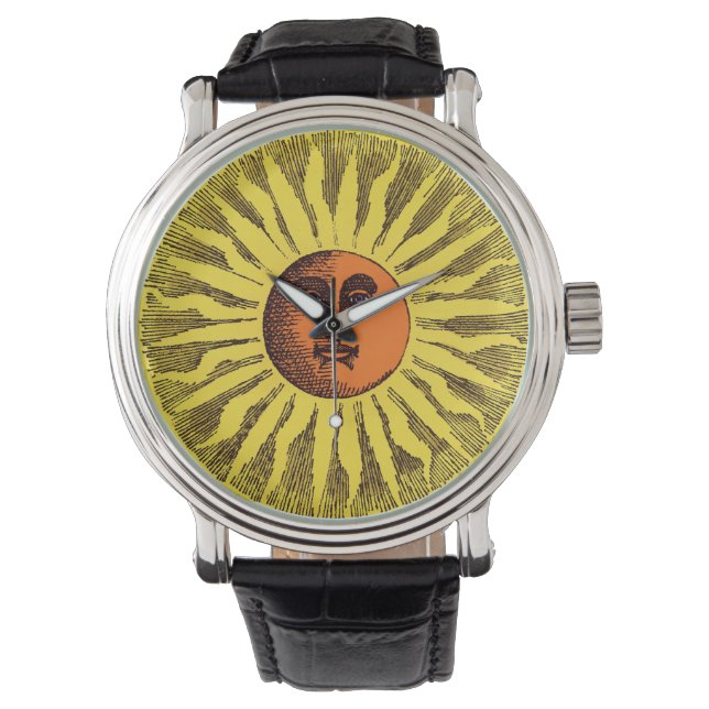 Vintage Celestial Yellow Smiling Happy Hippie Sun Watch (Front)