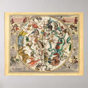 Vintage Celestial Zodiac Star Constellation Map Poster