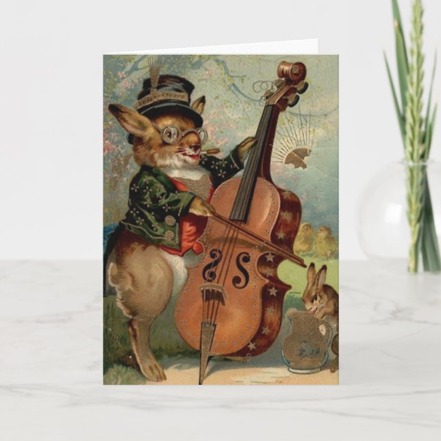 Vintage Cello Playing Easter Bunny Easter Card (Front)
