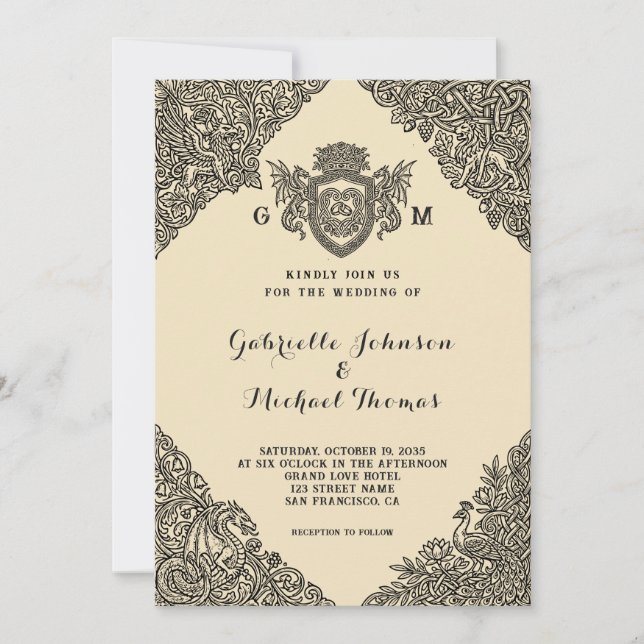 Vintage Celtic Knot Dragon Crest Wedding Invitation (Front)