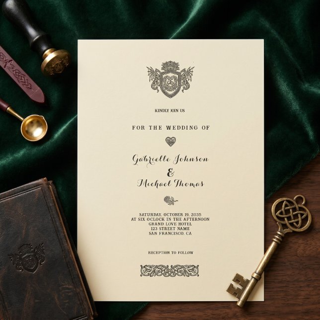 Vintage Celtic Knot Dragon Crest Wedding Invitation (Creator Uploaded)