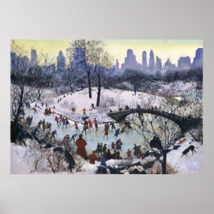 Vintage Central Park Skating Painting Poster