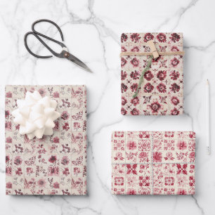 Vintage Ceramic Tile Floral Pattern in Pink & Red Wrapping Paper Sheet