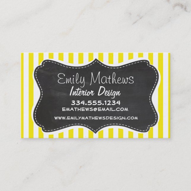 Vintage Chalkboard Aureolin Yellow Stripes Business Card (Front)