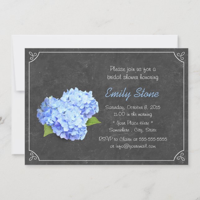 Vintage Chalkboard Blue Hydrangea Bridal Shower Invitation (Front)