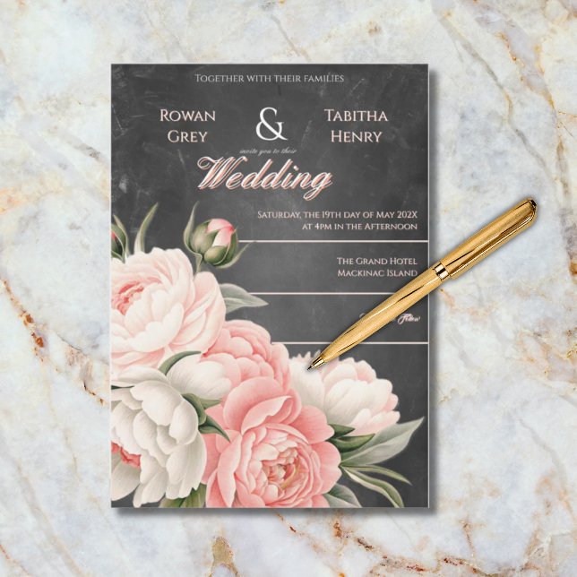 Vintage Chalkboard Boho Floral Rose Wedding Invitation (Creator Uploaded)