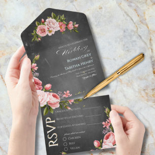 Vintage Chalkboard Boho Floral wedding  All In One Invitation