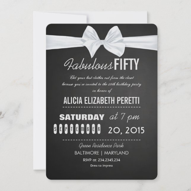 Vintage Chalkboard Bow Fabulous 50th Birthday Invitation (Front)