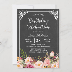 Vintage Chalkboard Floral Birthday Celebration Invitation