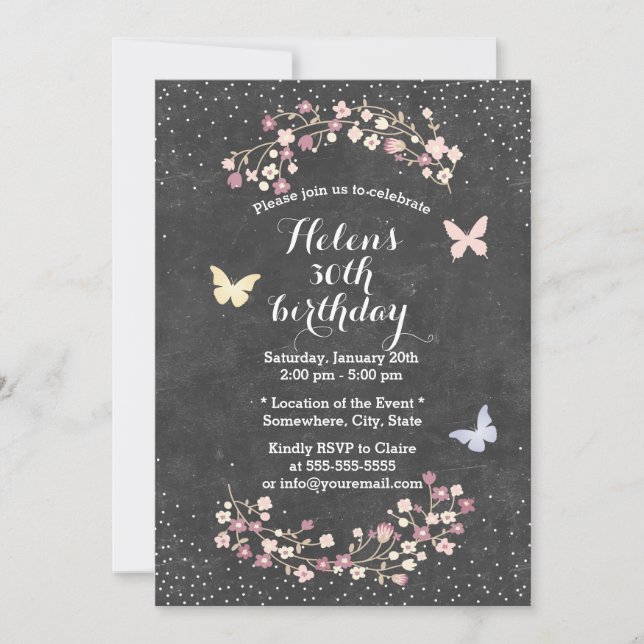 Vintage Chalkboard Floral Birthday Party Invitation (Front)