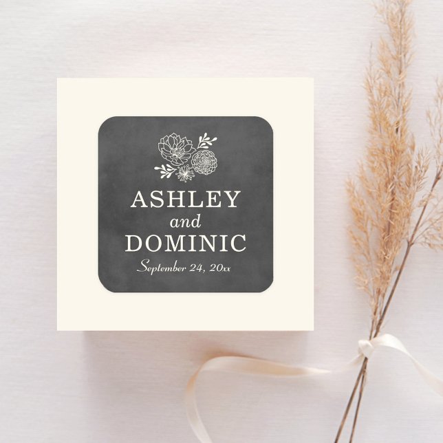 Vintage Chalkboard Floral Monogram Wedding Square Sticker (Creator Uploaded)