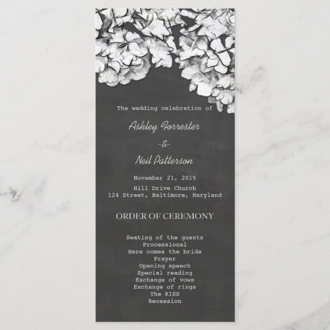 Vintage Chalkboard Hydrangeas Wedding Program Programme (Front)