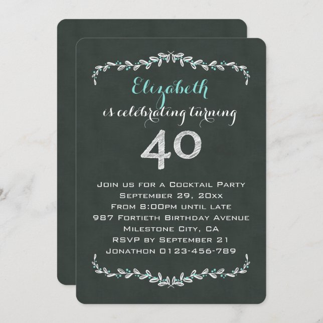 Vintage Chalkboard Laurel 40th Birthday Party Invitation (Front/Back)