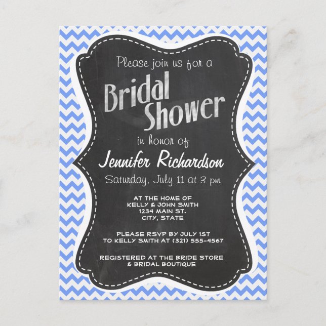 Vintage Chalkboard look, Blue Chevron Pattern Invitation Postcard (Front)