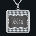 Vintage Chalkboard look Charcoal Colour Houndstoot Silver Plated Necklace<br><div class="desc">You will love this cute, elegant, vintage chalkboard design with Charcoal Colour Houndstooth pattern design! We invite you to our store, Bridal Shower Shop, to view this cool retro blackboard design on many more great customisable products, including girly Bride buttons, modern Wedding stamps, and trendy chalk Bridal Shower invitations! Thank...</div>