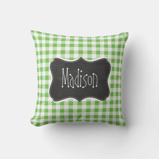 Vintage Chalkboard look, Green Chequered; Gingham Cushion (Front)
