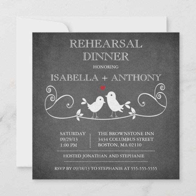 Vintage Chalkboard Love Birds Rehearsal Dinner Invitation (Front)