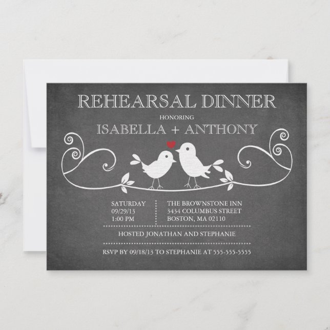 Vintage Chalkboard Love Birds Rehearsal Dinner Invitation (Front)