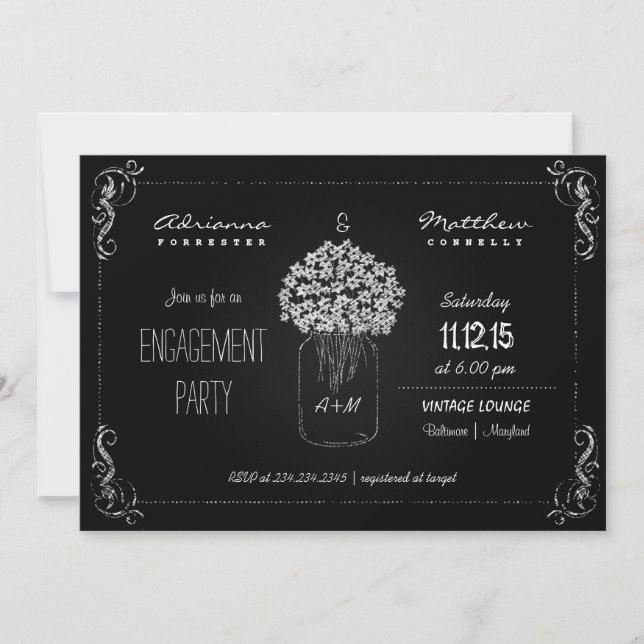 Vintage Chalkboard MasonJar Engagement Party Invitation (Front)