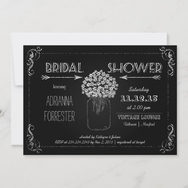 Vintage Chalkboard MasonJar Flowers Bridal Shower Invitation (Front)