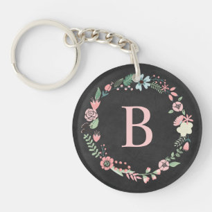 Vintage Chalkboard Monogram Floral Wreath Key Ring