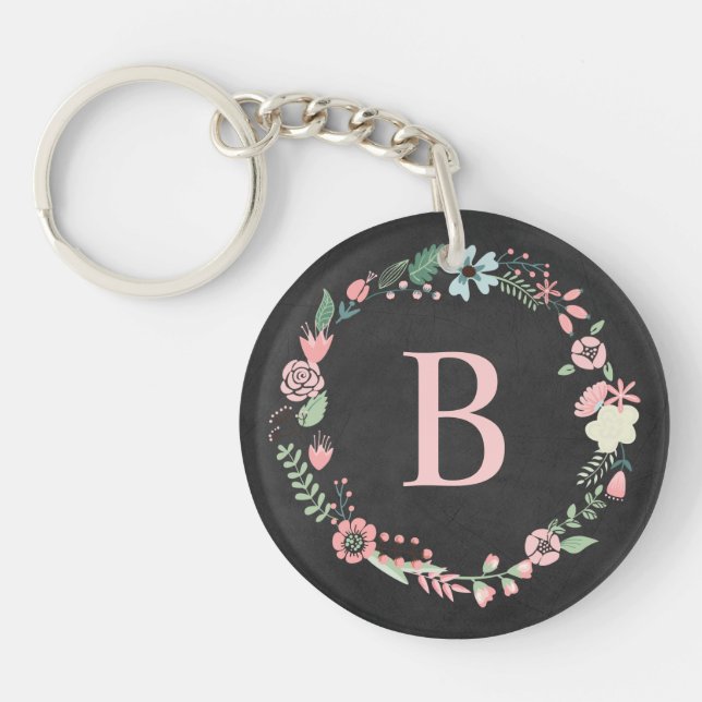 Vintage Chalkboard Monogram Floral Wreath Key Ring (Front)